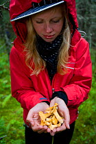 Woman holding chanterelle mushrooms in the forest, Norway, July 2007, model released