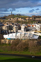 View over Dynamic Earth festival, Carlton Hill and Edinburgh city centre from Salisbury Crags, Edinburgh, Scotland, UK, November 2008