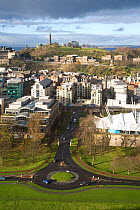 View over Scottish Parliament, Dynamic Earth and Edinburgh city centre from Salisbury Crags, Carlton Hill in the background, Edinburgh, Scotland, UK, November 2008