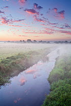 King's Sedge Moor at sunrise with dyke, High Ham, Somerset Levels, Somerset, England, August 2007