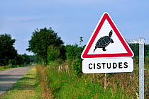 Warning sign for European pond turtles (Emys orbicularis) crossing the road, La Brenne, France