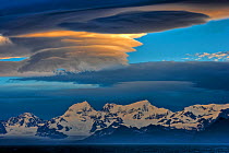 Sunset showing lenticular clouds over mountains, South Georgia, January 2006