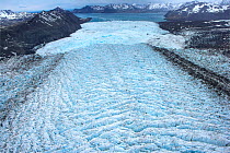 Aerial view of ice pressure ridges at edge of Neumayer Glacier, South Georgia, Antarctica, December 2006