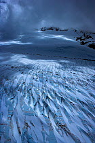 Aerial view of Peters Glacier, King Haakon Bay, South Georgia, Antarctica, December 2006