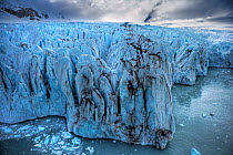 Aerial view of ice ridges at the front of Peters Glacier, King Haakon Bay, South Georgia, Antarctica, December 2006
