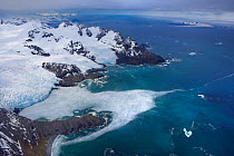Aerial view of the east coast showing Keilhau Glacier looking towards Annenkov Island, South Georgia, Antarctica, December 2006