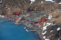 Aerial view of Grytviken, an abandoned whaling station, South Georgia, Antarctica, December 2006