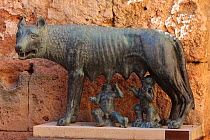 Roman statue of Romulus and Remus drinking milk from a wolf, Tarragona, Catalonia, Spain.