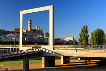 Outdoor sculpture in shape of picture frame, Lerida city, Catalonia, Spain. September 2008.