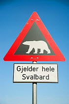 Polar Bear road warning road sign on outskirts of Longyearbyen, Spitsbergen, Svalbard, Arctic Norway, June 2009