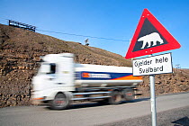 Polar Bear warning road sign on outskirts of Longyearbyen, Spitsbergen, Svalbard, Arctic Norway, June 2009