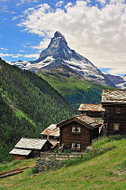Traditional wooden chalets in Findeln with the Matterhorn behind, Valais, Switzerland, July 2009