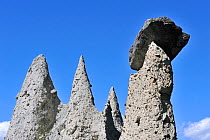 Pyramids of Euseigne, formed by erosion of soft rock below hard rock, Valais, Switzerland, July 2009