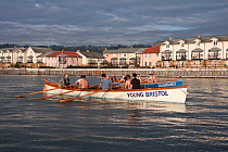 Cornish Pilot Gigs "Isambard" and "Young Bristol" with men's crews practicing. Bristol Floating Harbour, February 2009.