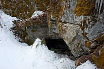 The entrance to Vermont's largest bat hibernacula, Aeolus Cave. White-nose syndrome is decimating the caves bat population. Bennington County, Vermont, USA, March 2009