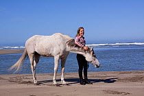 Arabian Horse and dismounted woman rider on beach, Northern California, USA (Model Released)