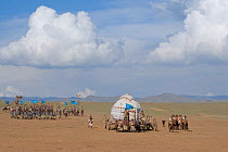 Re-enactement of the movement of the mounted armies of Genghis Khan (emperor of the Mongol Empire) during the Genghis Khan Show, in Ulaanbaatar, Mongolia. The horses are Mongolian horses. July 2007