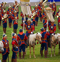 The Mongolian Cavalry opens the national Naadam festival, held during the National Holiday from July 11 � 13, in the National Sports Stadium, in Ulaanbaatar, Mongolia. The horses are Mongolian horses....