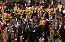 The King's Troops, Royal Horse Artillery, mounted on Irish Draft horses and dressed in official uniforms, parade in front of the Queen, during the Royal Windsor Horse Show, Windsor, England, UK. May 2...