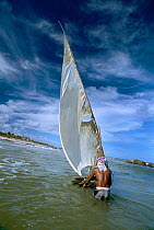 Traditional fisherman pulling raft into ocean, Recife, Brazil, Atlantic Ocean, January 2008 Model released.