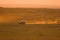 Mara Conservancy Patrol vehicle crossing the savanna at sunset, Masai Mara Conservancy, Kenya, September 2007