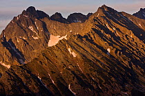 Mount Koprovsky stit (2,363m) and Mengusovsky stit (2,438m) at sunset, High Tatras, Carpathian Mountains, Slovakia, June 2009