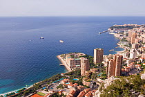 Panoramic view of Montecarlo, the Larvotto Marine Reserve is just in front of the beach covering the small peninsula with the buildings, Larvotto Marine Reserve, Monaco, Mediterranean Sea, July 2009