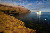 Icebergs just off the coast with low clouds over the cliffs, Qeqertarsuaq, Disko Bay, Greenland, August 2009