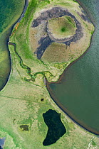 Aerial view of Skutustadagigar pseudocrater, Lake Myvatn, Northern Iceland, June 2009