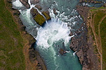 Aerial view of Godafoss waterfall on the Skjalfandafljot River, Northern Iceland, June 2009