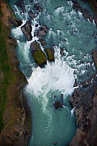 Aerial view of Godafoss waterfall on the Skjalfandafljot River, Northern Iceland, June 2009