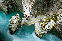 River Soca flowing through Velika korita with erosion in rock visible, Triglav National Park, Slovenia, June 2009.