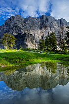 Mount Velika Mojstrovka (2,056m) reflected in a pool, viewed from Sleme, Triglav National Park, Julian Alps, Slovenia, July 2009