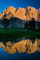 Mount Velika Mojstrovka (2,056m) with reflection in a pool of water, Sleme, Triglav National Park, Julian Alps, Slovenia, July 2009