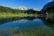 Second Double Lake (Dvojno jezero) with mountain hut (Koca pri Triglavskih jezerih) Triglav National Park, Slovenia, August 2009