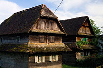 Traditional houses made from local Slavonian oak wood, Krapje village, Lonjsko Polje Nature Park, Sisack-Moslavina county, Slavonia region, Posavina area, Croatia, June 2009