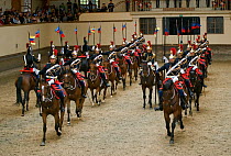Mounted officers of the Garde Républicaine (Republican Guard), part of the French Gendarmerie, performing Le Carroussel des Lance, mounted on Selle Français horses at the Caserne des Célestins, Par...