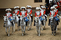 Drummers of La Maison Du Roy (the Royal House) of the Garde Républicaine (Republican Guard), part of the French Gendarmerie, mounted on Selle Français horses at the Caserne des Célestins, Paris, Fr...