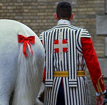 The traditional costume of a rider from La Maison Du Roy (the Royal House) of the Garde Républicaine (Republican Guard), part of the French Gendarmerie, next to a Selle Français horse at the Caserne...