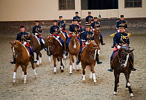 Mounted officers of the Garde Républicaine (Republican Guard), part of the French Gendarmerie, performing La Reprise des Douze (The Resumption of the Twelve) mounted on Selle Français horses at the...
