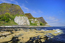 Tide coming in over rocky shore with Basalt rocks on shore from cliff landslip, Ardclinis,  near Garron Point, County Antrim, Northern Ireland, May 2008