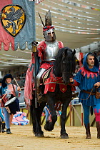One of the 1200 participants in the Sfilata (parade), dressed in medieval costume and mounted on a Friesian horse, arrives in Piazza San Secondo, on the Sunday just before the Palio, Asti, Piedmont, I...