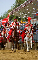 Il Capitano del Gruppo del Commune (the captain of the group of the communes), on the grey horse, and his riders, all dressed in white and red, open the Palio, on the third Sunday of September, in Ast...