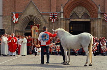 Each Parish church participating in the Palio blesses one horse and a jockey on the Sunday of the Palio, at 10am, Asti, Piedmont, Italy. Here, the Parish church of San Secondo, September 2009