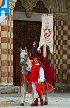 One of the 1,200 participants in medieval costume taking part in the historical procession on the Sunday just before the Palio, Asti, Piedmont, Italy. Each participant wears the colours representing a...