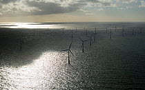 Aerial view of wind turbines at Scroby Sands windfarm, off Great Yarmouth, Norfolk, October 2006