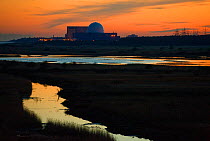 View across Minsmere RSPB Reserve from Dunwich towards Sizewell nuclear power station at dusk, winter, Suffolk, UK, January 2008