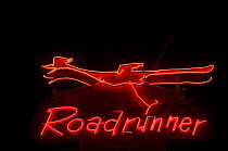 Neon Roadrunner sign outside restaurant in Socorro, New Mexico, USA