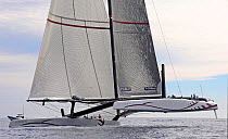 90ft catamaran "Alinghi 5" training prior to the first race of the 33rd America's Cup, Valencia, Spain. February 2010. ^^^A Deed of Gift race between defender Ernesto Bertarelli's "Alinghi", and chall...