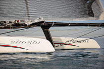 The bows of 90ft catamaran "Alinghi 5" training prior to the first race of the 33rd America's Cup, Valencia, Spain. February 2010. ^^^A Deed of Gift race between defender Ernesto Bertarelli's "Alinghi...